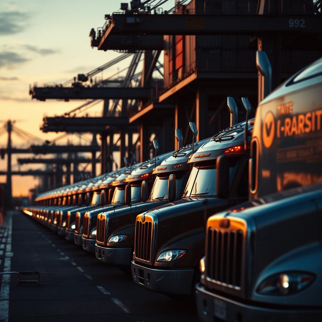 Fleet of trucks at a Hampton Roads terminal at dusk